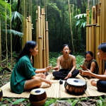A diverse group collaborates on a sound art installation, using field recordings of Malaysian rainforest sounds and traditional musical instruments, emphasizing cultural sensitivity and respect.