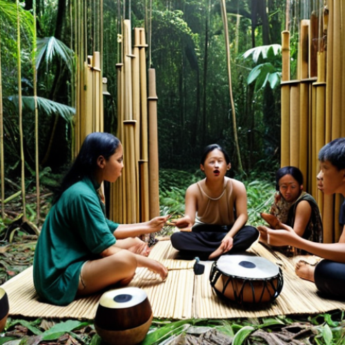 Home 7 A diverse group collaborates on a sound art installation, using field recordings of Malaysian rainforest sounds and traditional musical instruments, emphasizing cultural sensitivity and respect.