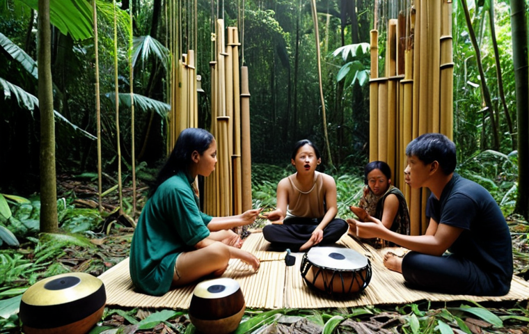 A diverse group collaborates on a sound art installation, using field recordings of Malaysian rainforest sounds and traditional musical instruments, emphasizing cultural sensitivity and respect.